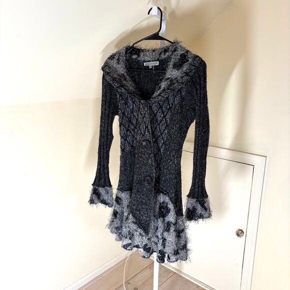 Liquid by Sioni EUC Womens Asymmetric Flared Sleeve Patchwork Cardigan Sweater M - Picture 1 of 6